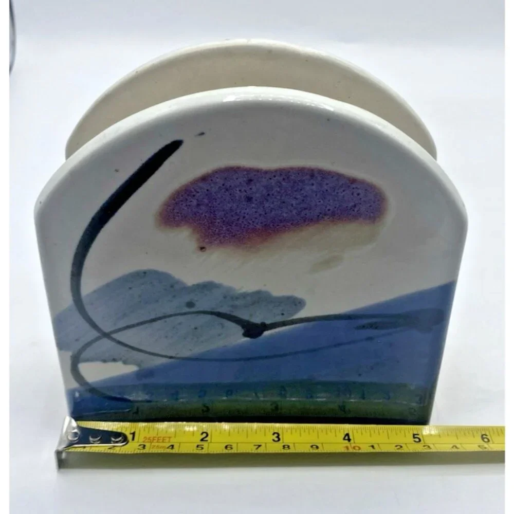 Vintage Handmade Pottery Blue Napkin Holder Coastal Kitchen Decor Seagull